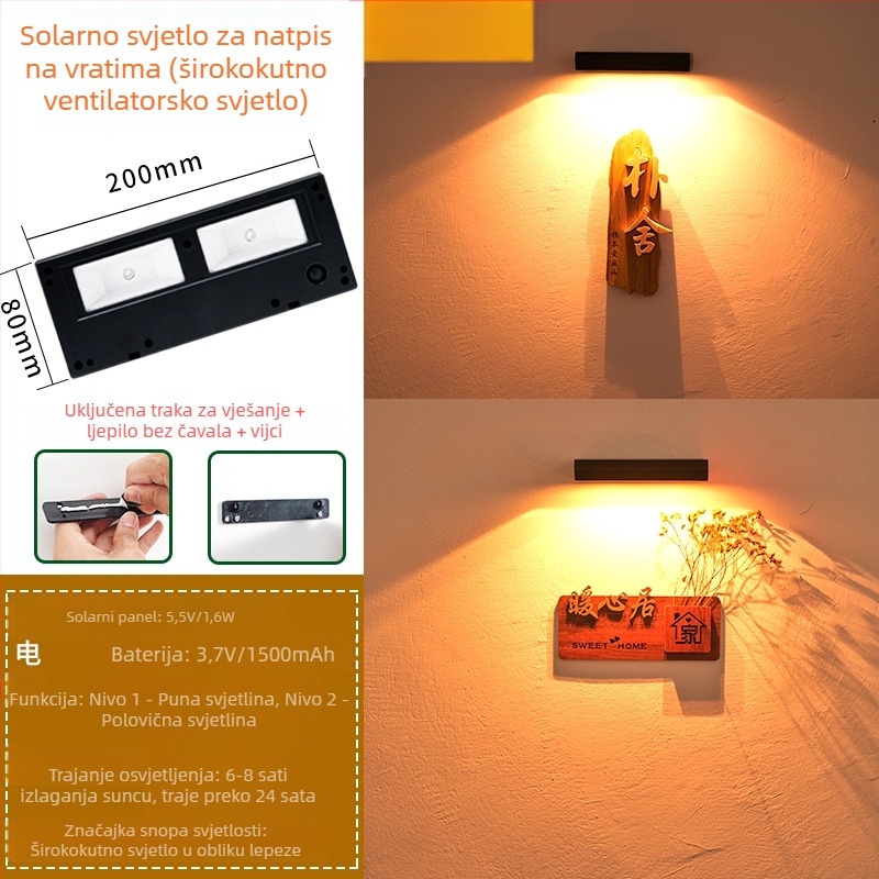 Solarna vanjska zidna lampa za vrata – ulaz, dvorište, vrt, vila, sa senzorom