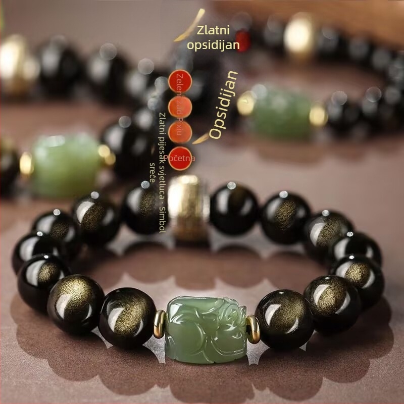 Unisex Pixiu narukvica od Hetian jadea s obsidianom i zlatnim koralima, Buddha perle, dar