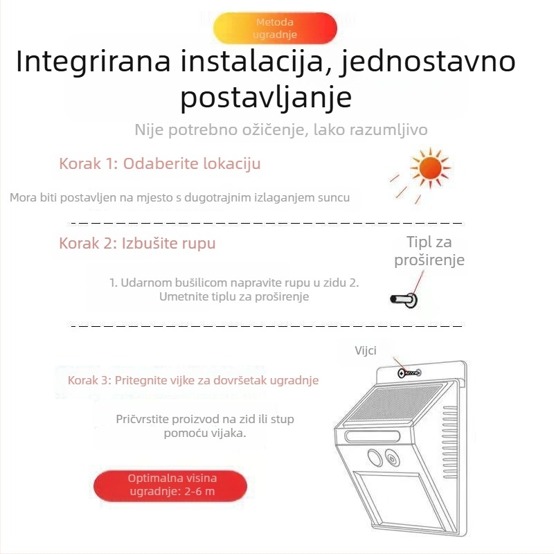 Solarna vanjska zidna svjetiljka sa senzorom pokreta, vodootporna LED rasvjeta za vrt
