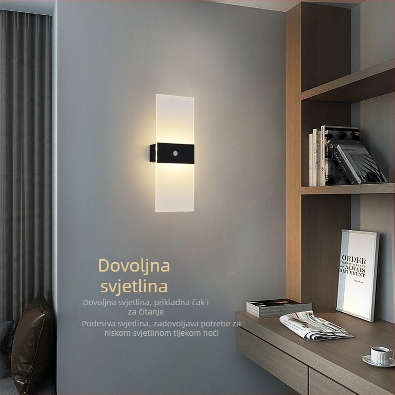 LED zidna lampica s punjivom baterijom, neprekidno podešavanje jačine, senzor pokreta, USB 5V punjenje, noćno svjetlo velikog kapaciteta BD818
