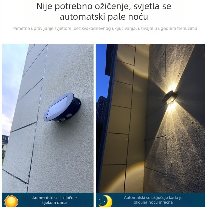 Solarna zidna svjetiljka s dvostrukim usmjerenjem, vodootporna vanjska rasvjeta za vrt, ogradu i dvorište