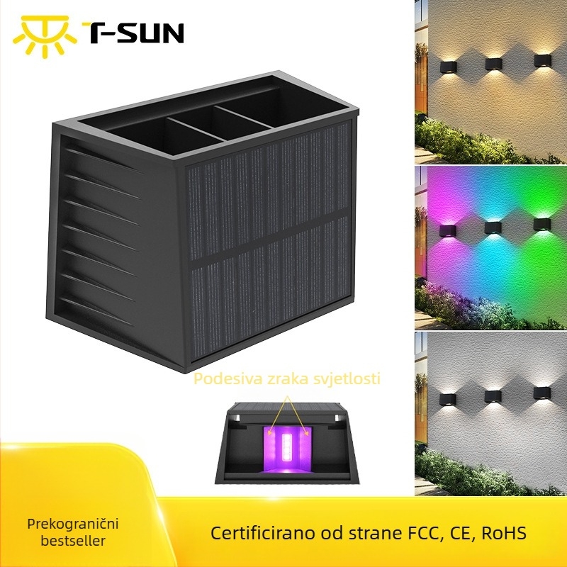 Solarna vanjska zidna svjetiljka s prilagodljivim gore-dolje osvjetljenjem, RGB za dvorište i ogradu.