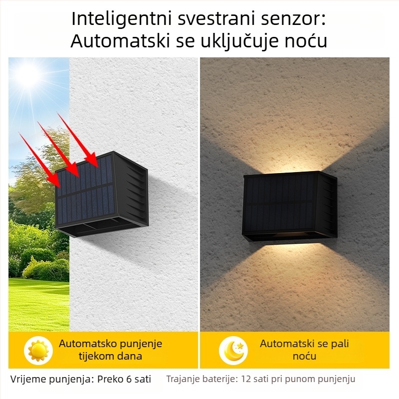Solarna vanjska zidna svjetiljka s prilagodljivim gore-dolje osvjetljenjem, RGB za dvorište i ogradu.