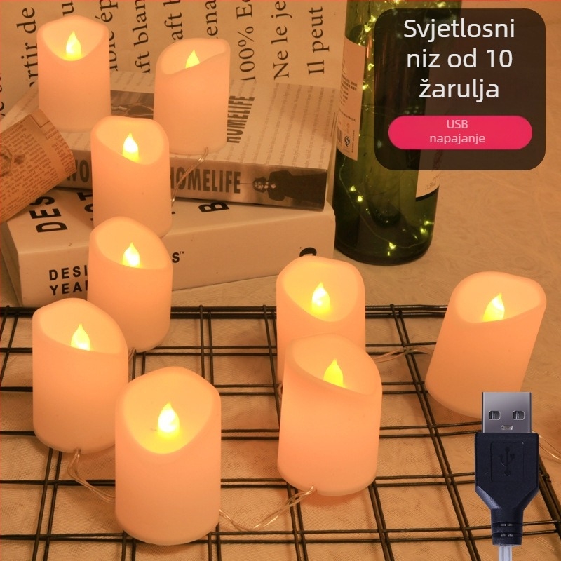 LED niz svijeća za svadbenu dekoraciju, USB napajanje, daljinsko upravljanje, duljina 1,6 m, 10 LED, IP44, topla bijela 3000K, romantično osvjetljenje za prosidbu