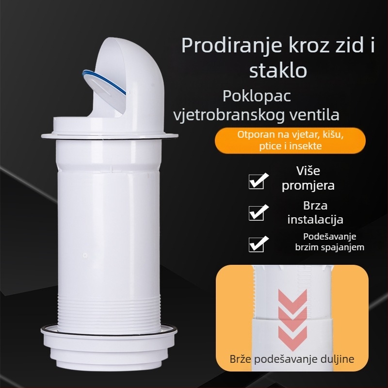 Unaprijeđeni ventil za napa s vjetrootpornim poklopcem – montaža kroz zid, staklena konstrukcija, otporna na kišu i zaštita od ptica