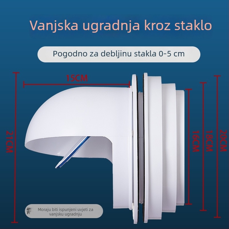 Unaprijeđeni ventil za napa s vjetrootpornim poklopcem – montaža kroz zid, staklena konstrukcija, otporna na kišu i zaštita od ptica