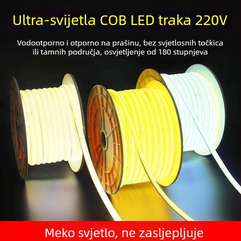 Izuzetno svijetla vanjska vodootporna COB LED fleksibilni svjetlosni trak, samoljepljiv, linearni dizajn za kućni plafon, kapu i vanjske zidove