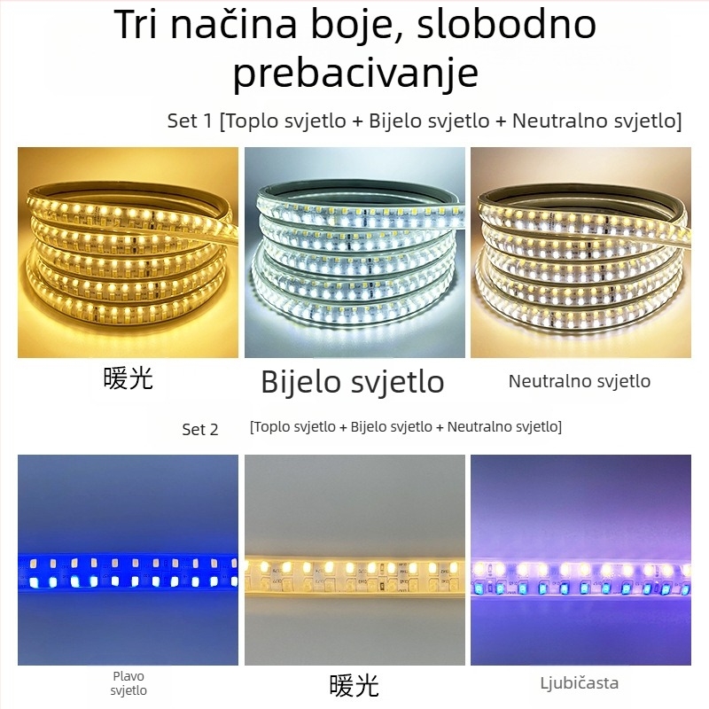 Trobojna LED traka, promjenjiva boja, regulacija svjetla, 220V, vodootporna, fleksibilna LED traka za dnevni boravak