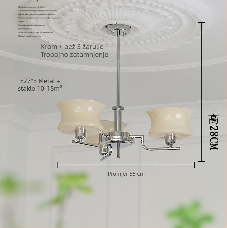 Luster od kovanog željeza u francuskom stilu sa staklenim sjenilom, za dnevni boravak ili spavaću sobu
