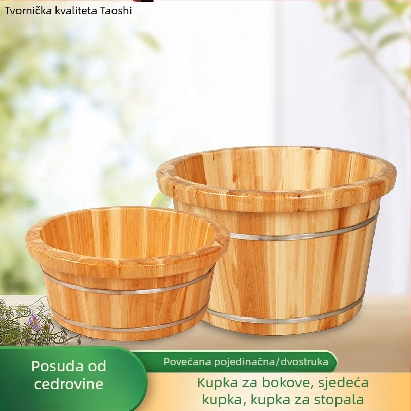 Velika drvena kada za stopala za kućnu upotrebu; cedreno drvo; dvostrukog kapaciteta za odrasle i djecu; također pogodna kao posuda za pranje lica.