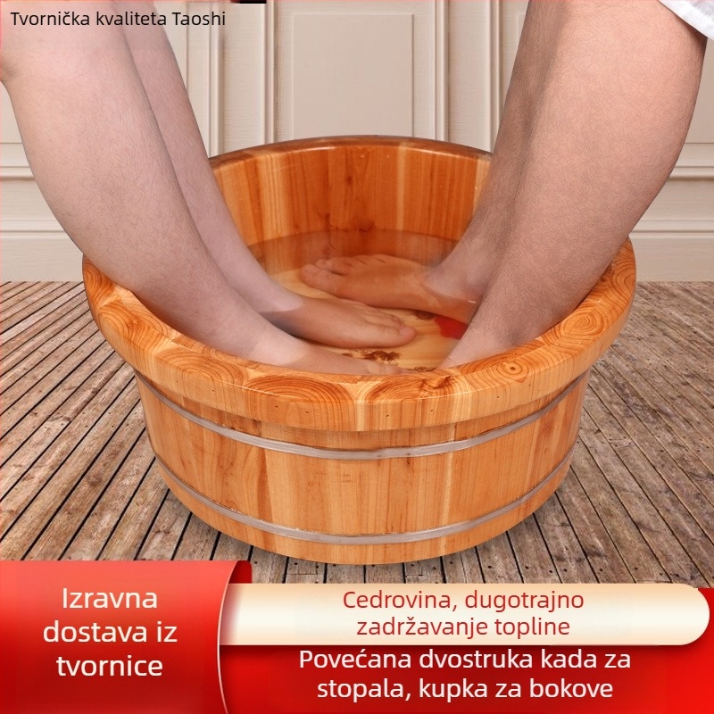 Velika drvena kada za stopala za kućnu upotrebu; cedreno drvo; dvostrukog kapaciteta za odrasle i djecu; također pogodna kao posuda za pranje lica.