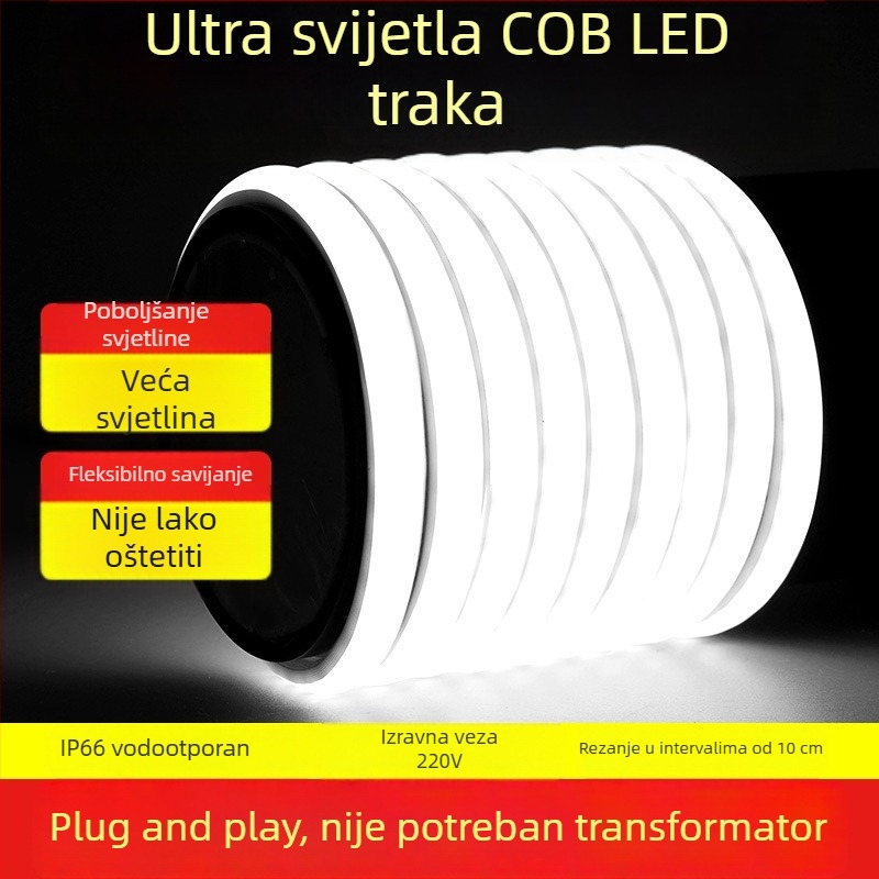 LED traka sa samoljepljivim silikonskim vodootpornim COB linearnim LED trakama, 220V za strop dnevnog boravka, ultra-tanka mekana svjetlost