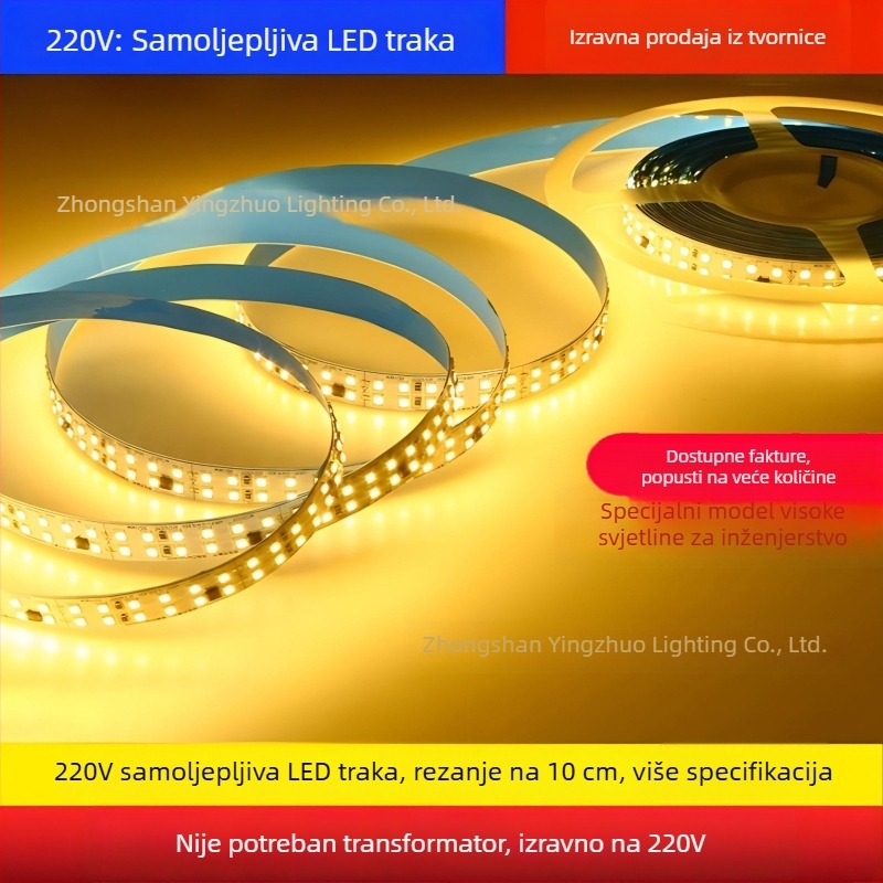 LED traka 220V, ultra-tanka samoljepiva s aluminijskim kanalom, unutarnja rasvjeta, rolna od 10 m, 2835/3535 LED, jednobojna, 11–20W