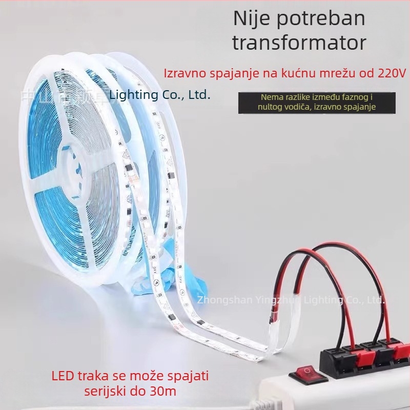 LED traka 220V, ultra-tanka samoljepiva s aluminijskim kanalom, unutarnja rasvjeta, rolna od 10 m, 2835/3535 LED, jednobojna, 11–20W