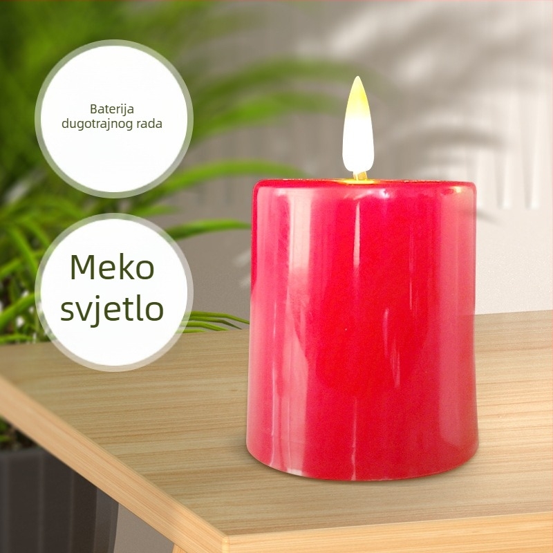 LED svjetiljka u cilindričnom obliku s toplom treperavom svjetlošću svijeće, pogodna za spavaću sobu i dnevni boravak.