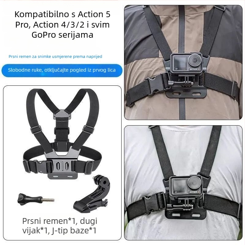 Univerzalni komplet za montiranje GoPro / DJI Action 5Pro/4/3/2: pojas za prsa, za glavu, za ruku, klip za torbu i držač kamere
