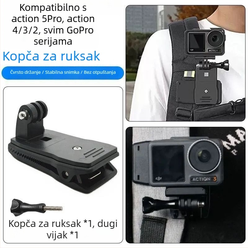 Univerzalni komplet za montiranje GoPro / DJI Action 5Pro/4/3/2: pojas za prsa, za glavu, za ruku, klip za torbu i držač kamere