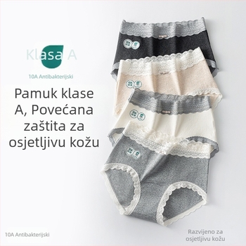 10A antibakterijske ženske pamučne gaćice s produženim preponama, čipkasti rub, srednje visine struka, pamuk podstava u preponama