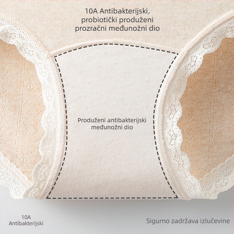 10A antibakterijske ženske pamučne gaćice s produženim preponama, čipkasti rub, srednje visine struka, pamuk podstava u preponama