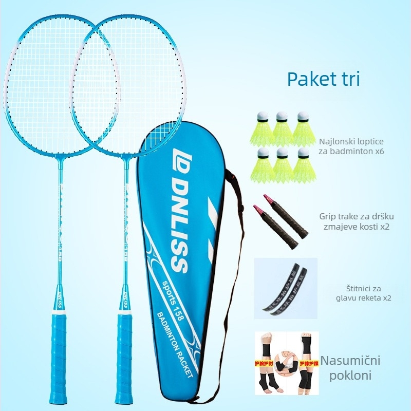 Set reketa za badminton s okvirom od željezne legure, izdržljiv za amatere – odrasle i studente, težina 95–100 g, drška G4, direktni udarac