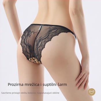 Ženske gaćice s niskim strukom, leopard uzorak, čipka, tanke elastične trake, Ice Silk tkanina, pamukasta podstava u preponama