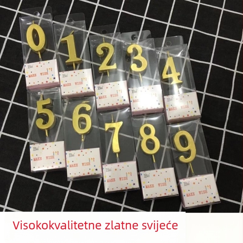 Zlatne brojčane svijeće za tortu, visokokvalitetne, PVC kutija, pojedinačno pakirane.