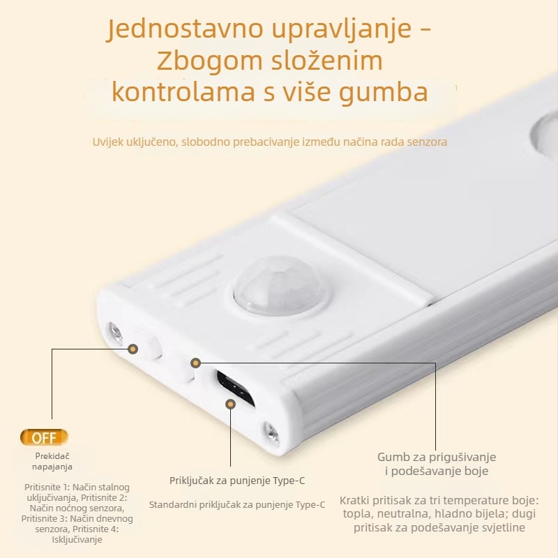 LED svjetlo s senzorom pokreta, ultra-tanka dugačka traka za ormariće i ormare, trobojna rasvjeta, samoljepljiva LED traka