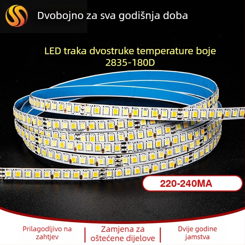 2835 LED traka s konstantnim strujama, trobojna boja svjetla, 180 LED-a, prilagodljiva boja i neprekidno podešavanje jačine svjetla daljinskim upravljačem, unutarnja upotreba, 15 m rolna, ukupna snaga 36 W
