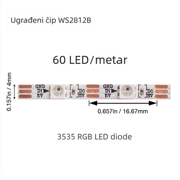 USB LED traka za kućište računala, RGB, 5V, širina 4 mm, WS2812B, 60 LED, kut snopa 120°, regulabilna jačina svjetla