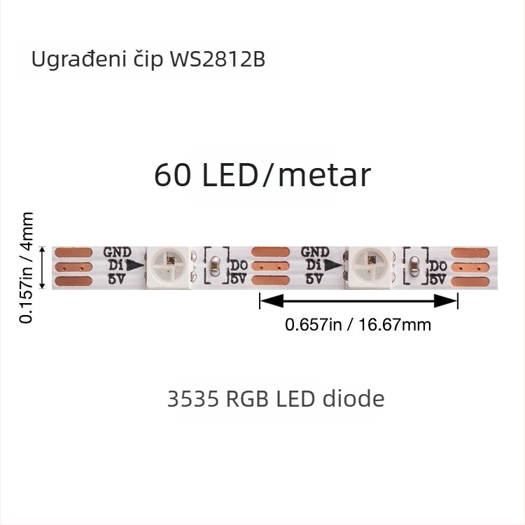 USB LED traka za kućište računala, RGB, 5V, širina 4 mm, WS2812B, 60 LED, kut snopa 120°, regulabilna jačina svjetla