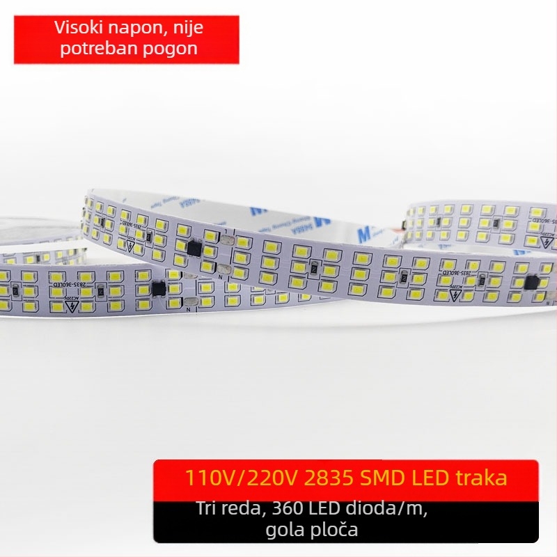 Vanjska LED traka 110V/220V, troredna, samolijepljiva, bez upravljača, 2835 LED, ukupno 360 LED, 10W, CRI 90, 180° snop