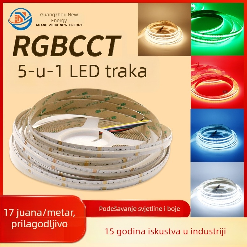 Pet u jednog RGB+CCT COB LED trake, 24V, 5 m, 18W/m, 840 LED, CRI 90, 180° snop, glatko neprekidno podešavanje jačine svjetla, trajanje 50.000 h, nije vodootporna, 5 godina jamstva