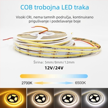 24V dimabilna COB LED traka s tri boje i dvobojna LED traka, samoljepljiva, unutarnja rasvjeta dnevnog boravka