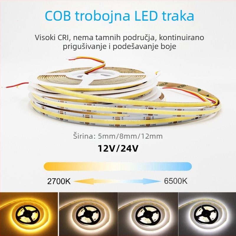 24V dimabilna COB LED traka s tri boje i dvobojna LED traka, samoljepljiva, unutarnja rasvjeta dnevnog boravka