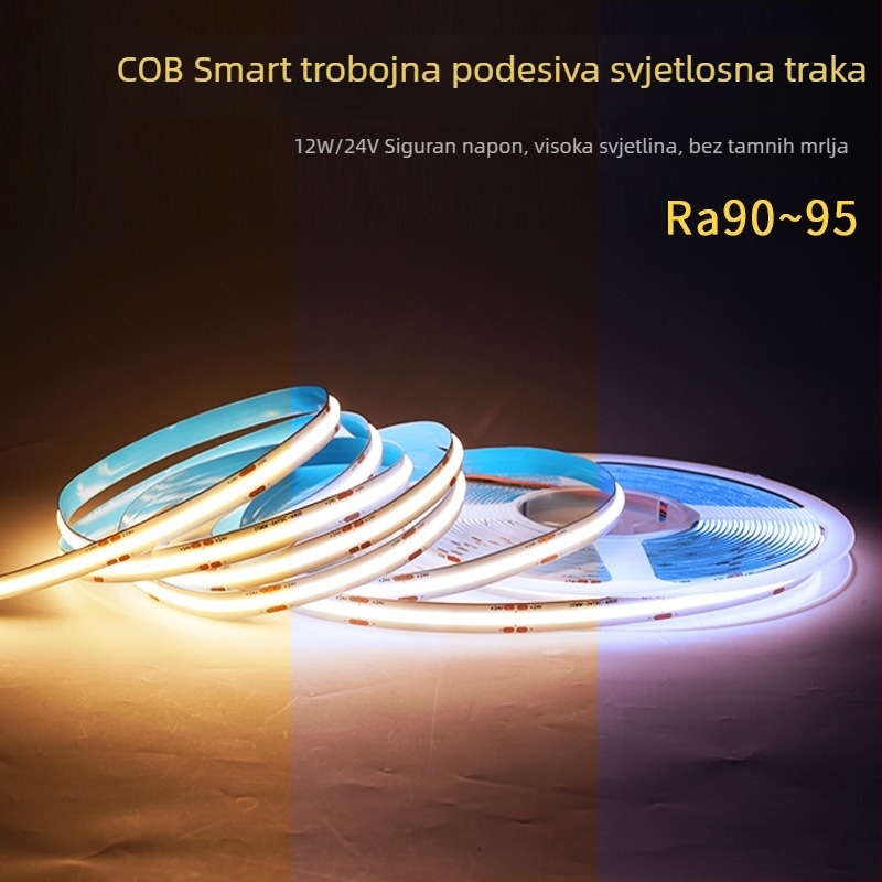 COB dvobojna LED traka za unutarnje osvjetljenje, fleksibilna, dimmabilna, 24V, samoljepljiva