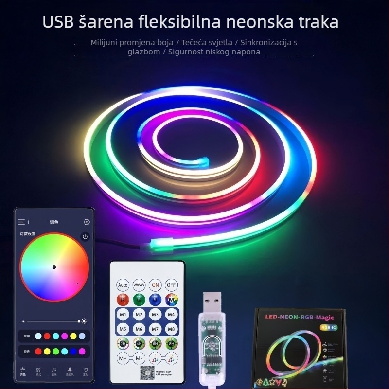 5V fleksibilni neonski LED trak s promjenjivim bojama, RGB Bluetooth, višebojna atmosfera, dekorativno linearno svjetlo