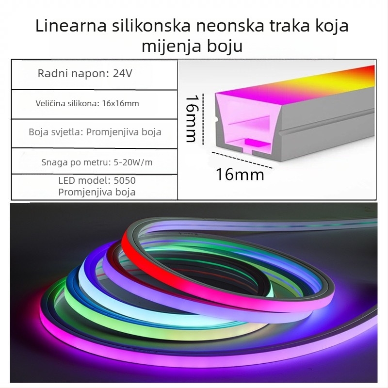 LED silikon neonska traka za vanjsku upotrebu, vodootporna, trobojna boja, koekstrudirana integrirana fleksibilna 24V