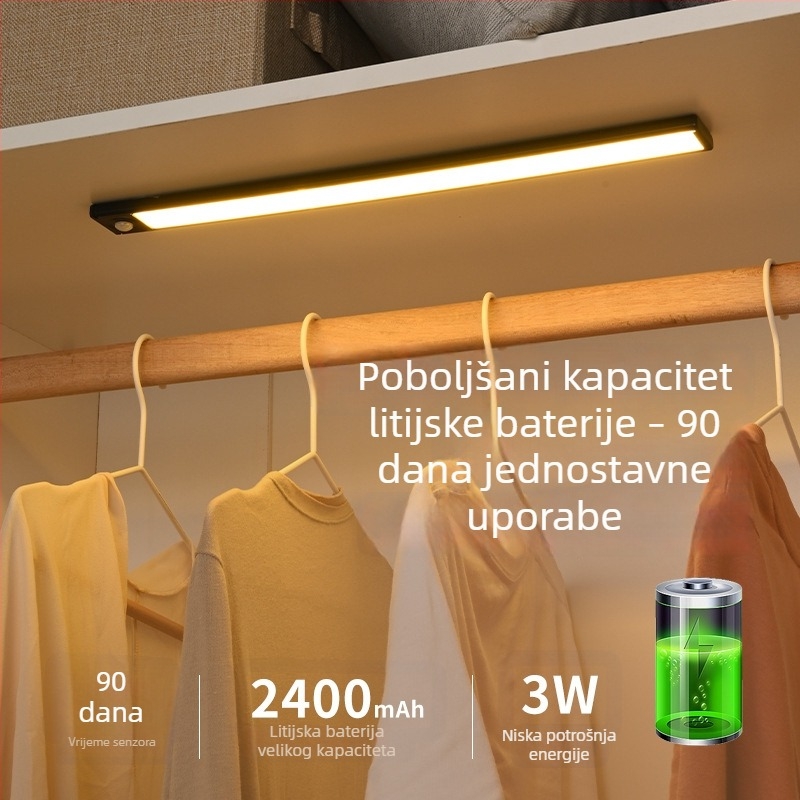Ultra-tanka LED traka sa senzorom pokreta, pametna, samoljepljiva, punjiva, za ormariće, vinske ormariće i garderobne ormariće, s mogućnošću prigušivanja