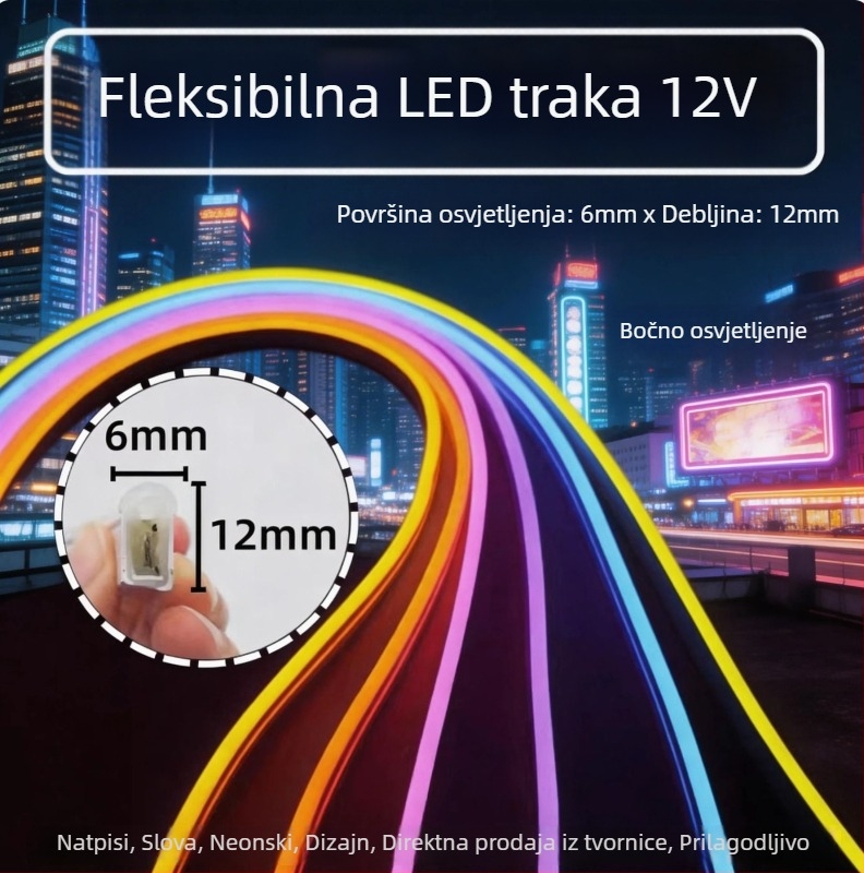 Bočno emitirajuća neonska LED traka, samoljepljiva silikonska traka, vanjska vodootporna dekorativna ambijentalna rasvjeta