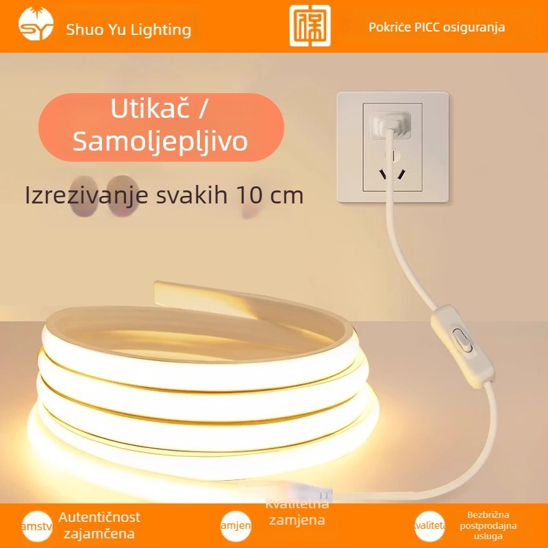 LED trak 220V za unutarnje osvjetljenje – COB LED trak za spavaću sobu uz krevet i pozadinsko osvjetljenje zida televizora, utičnica, ambijentalno svjetlo