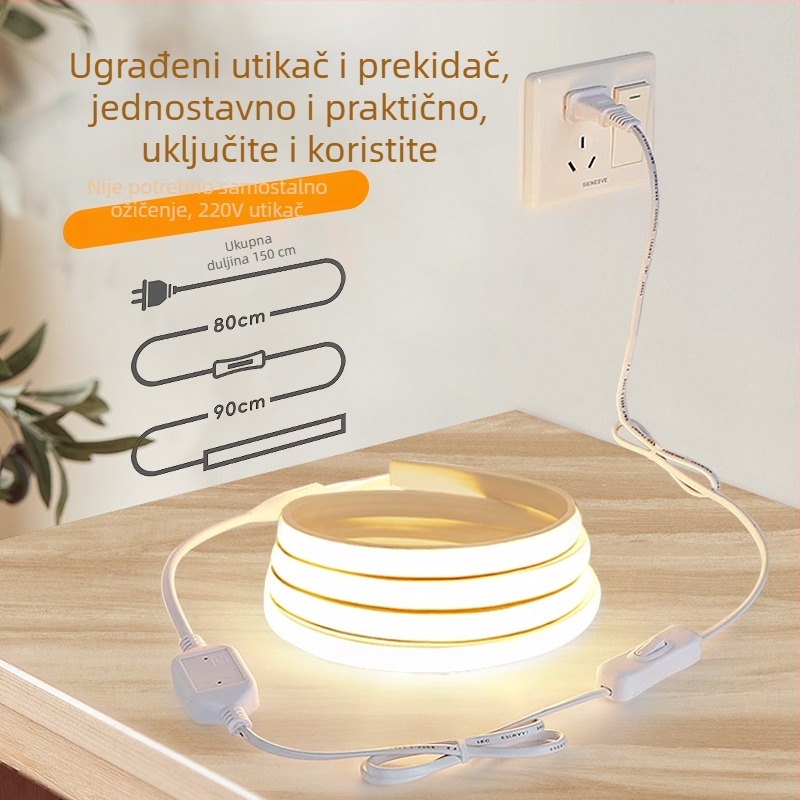 LED trak 220V za unutarnje osvjetljenje – COB LED trak za spavaću sobu uz krevet i pozadinsko osvjetljenje zida televizora, utičnica, ambijentalno svjetlo
