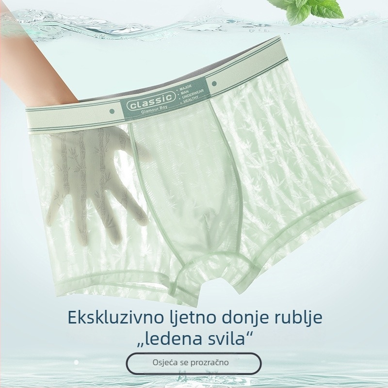 Muške boxerice od ledenog svilenog materijala, tanke i prozračne, s printom i prozirnom mrežicom, brzo se suše