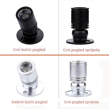 1W LED mali reflektor s podesivim kutem – kućište, srebrno aluminij, vanjski promjer 20, set lampe za vitrinu nakita s bazom