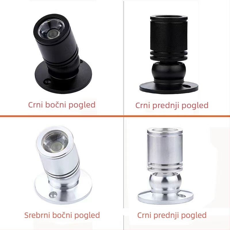 1W LED mali reflektor s podesivim kutem – kućište, srebrno aluminij, vanjski promjer 20, set lampe za vitrinu nakita s bazom