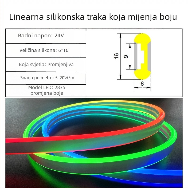 24V Silikonski LED neonski trak, dvostrano osvjetljenje, vanjska upotreba, 120 LED 5050
