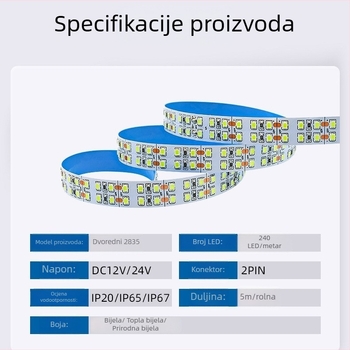 LED traka 2835, 240 LED-a, dvostruki red, 12V/24V samolijepljiva, SMD 2835
