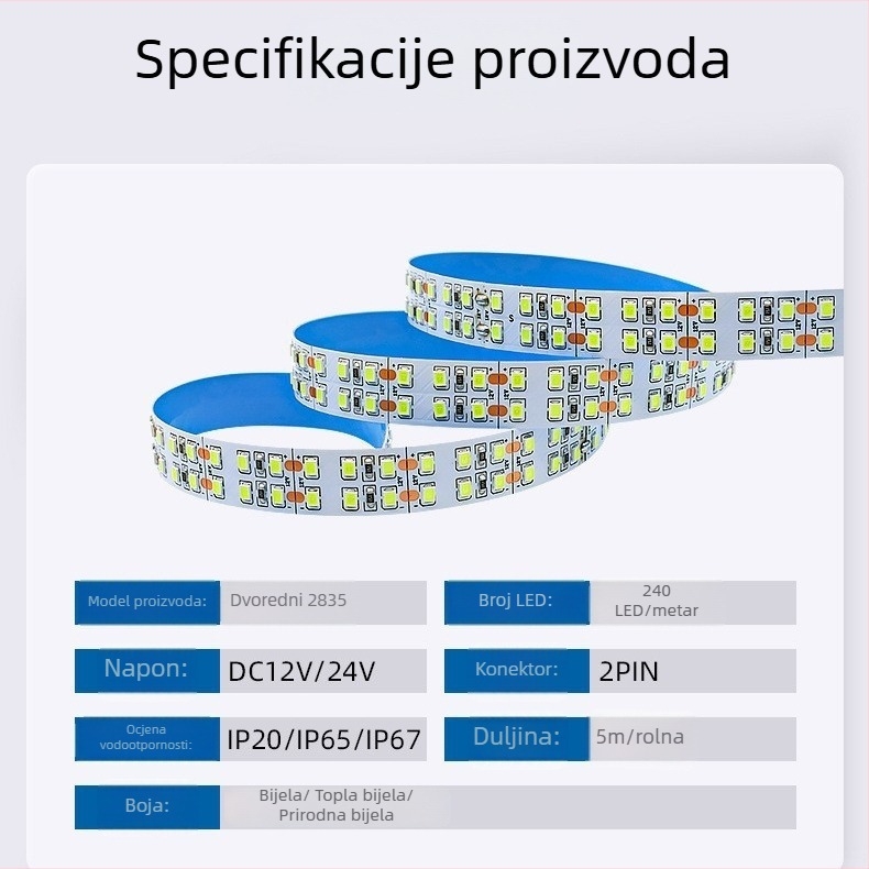 LED traka 2835, 240 LED-a, dvostruki red, 12V/24V samolijepljiva, SMD 2835