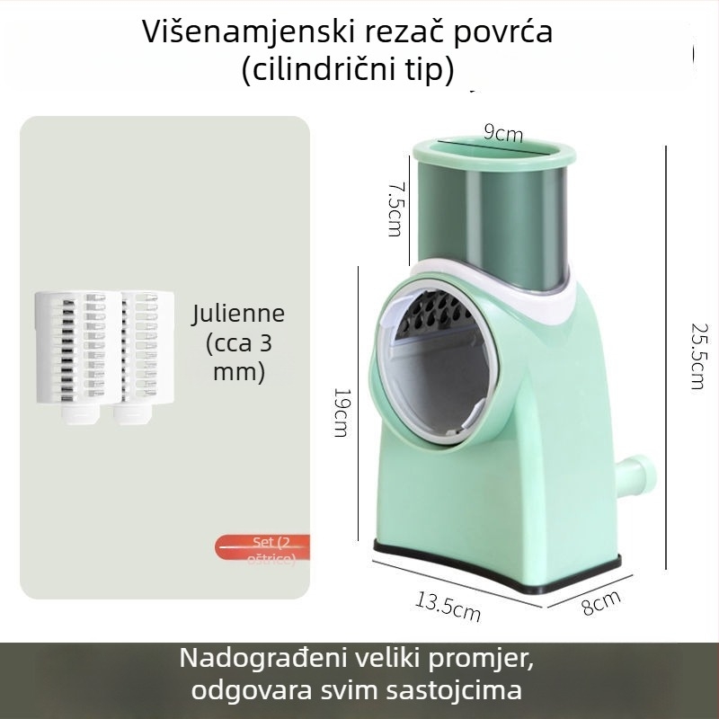 Višenamjenski rezač povrća s ploščatim oštricama za rezanje na ploške, ribanje i nasjeckivanje; rezač za meso; pogodan za krumpire i limune