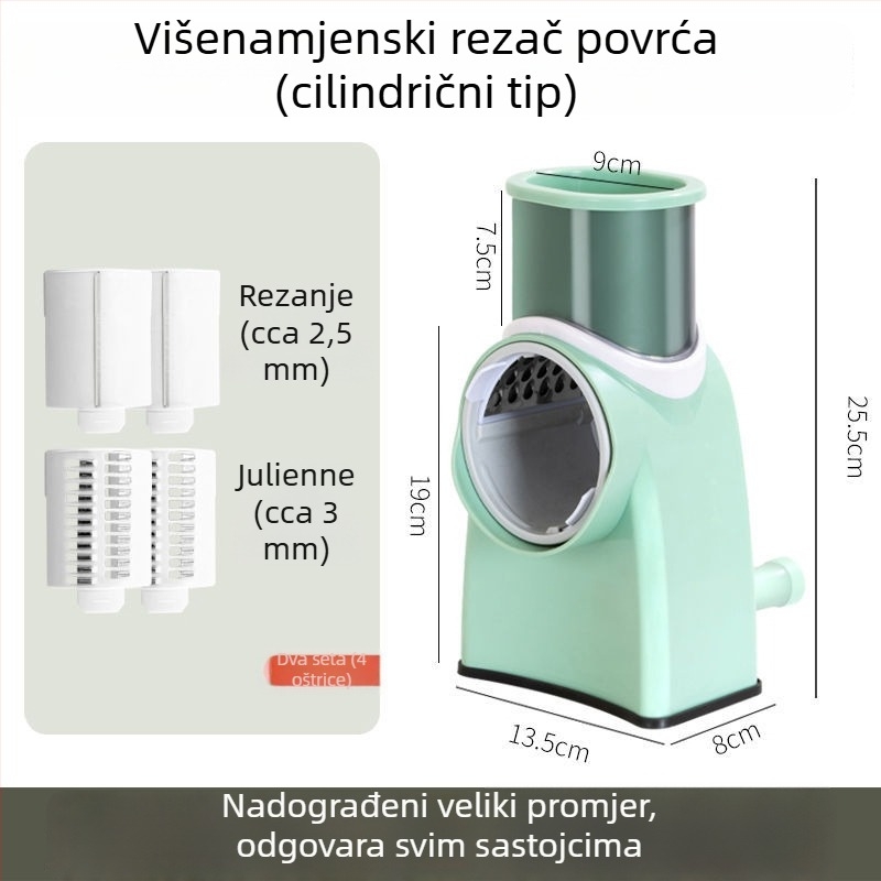 Višenamjenski rezač povrća s ploščatim oštricama za rezanje na ploške, ribanje i nasjeckivanje; rezač za meso; pogodan za krumpire i limune