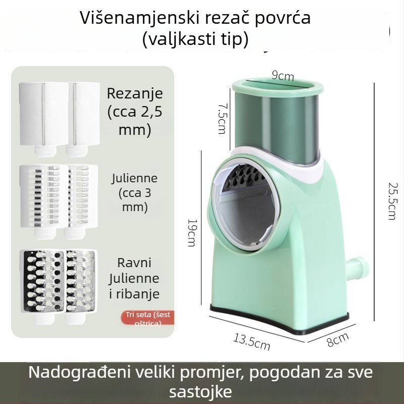 Višenamjenski rezač povrća s ploščatim oštricama za rezanje na ploške, ribanje i nasjeckivanje; rezač za meso; pogodan za krumpire i limune